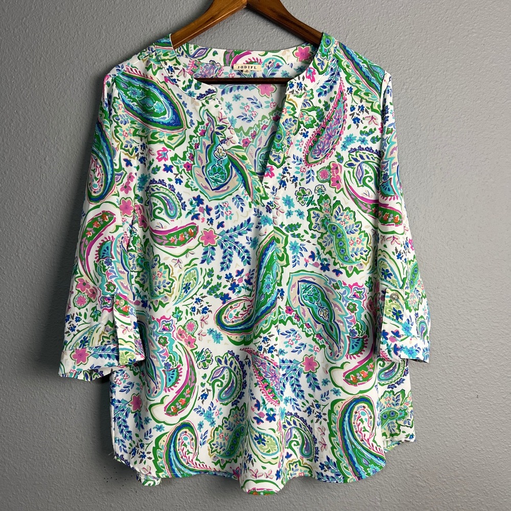 Jodifl Watercolor Paisley Blouse 3/4‎ Sleeve V-Neck Tunic Top Colorful Print M